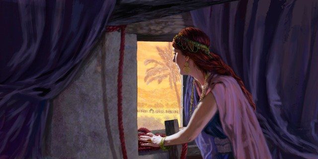 Rahab lets the spies out of the city with a scarlet rope.