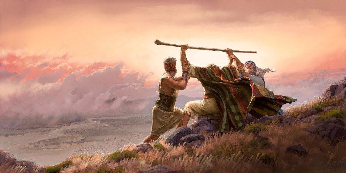 Aaron and Hur hold up the hands of Moses while the battle rages