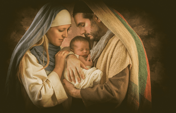 Joseph and Mary hold baby Jesus
